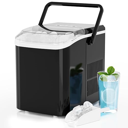 Ice Makers Countertop, Portable Ice Machine with Handle, 6 Mins 9 Bullet Cubes with Basket and Scoop, 26lbs in 24Hrs, Auto-Cleaning, for Home, Kitchen, RV, Camping, Black