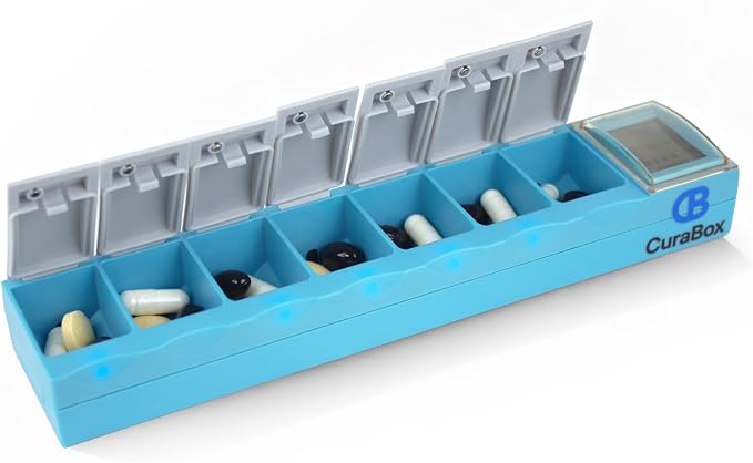 Weekly Medicine Pill Organizer with Alarm BPA Free 7-Day Travel Pill Dispenser with Auto-Learning Habit Sensor, Clear LCD, Rechargeable, Portable, Large Compartment for Vitamin, Supplements, Fish Oil
