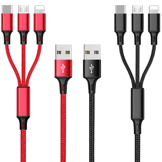 Multi Charging Cable, 4ft 2Pack Multi Phone Charger Cable Braided Universal 3 in 1 Charging Cord Extra Long Multiple USB Cable with USB C, Micro USB Port Connectors for Cell Phones and More（Red+Black)