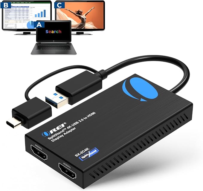 OREI SplitExtend 4K HDMI Splitter Extended Display for Dual Monitor - Multi-Monitor Display 3 Separate Screens - USB A & USB-C Adapter to HDMI 2.0, 4K@60hz, DisplayLink Driver MacOS, Windows