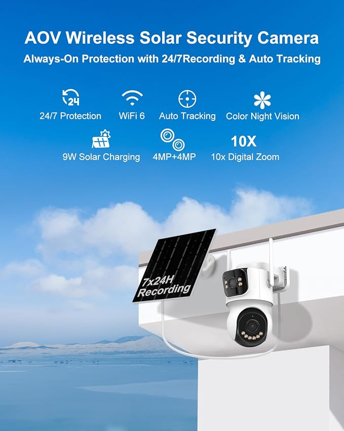 AOV 8MP Dual-Lens Solar Security Camera Wireless Outdoor，24/7 Recording, 360° PTZ，Human Detection &Auto Tracking, 9W Solar Panel & 10000mAh Battery, WiFi 6, 2-Way Audio, Night Vision for Home Security