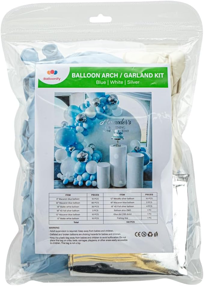 Restaurantware-Balloonify Balloon Garland Set, 1 Party Decoration Kit - 139 Balloons, With Chain, Blue, White, & Silver Latex Balloon Arch Kit, Includes Glue Dots
