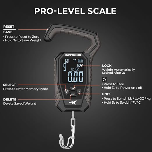 KastKing Weighmaster Mechanical-Digital Fishing Scale, 120 lb Capacity, 2.5" Backlit Display, High-Precision Sensor, 9 Weight Memory, Temperature Detection, IPX6 Waterproof, Fishing Gifts