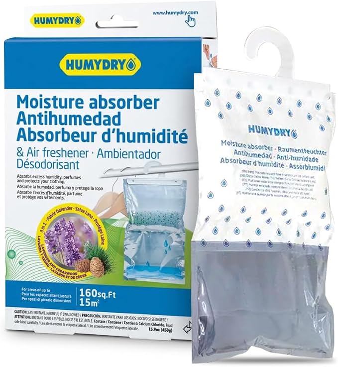 HUMYDRY Hanging Moisture Absorber Bags, 12 Count Lavender & Cedar 15.9 Oz, Up to 200 sq ft, Fights Summer Humidity, Non Electric Dehumidifiers for Closets, Wardrobes, Storage Areas & Small Spaces