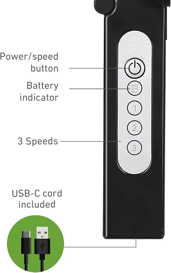 HOLMES 4" Portable, Handheld, Personal or Desk Fan, 3 Speeds, Rechargeable battery, USB-C Charging Cable, 180° Adjustable Head, Lightweight, Compact, Ideal for On-The-Go Use or Home and Office, Black