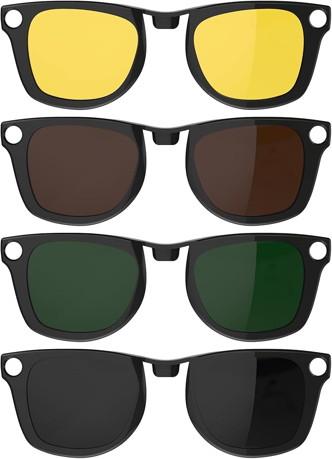HIBLOKS 4Pcs Polarized Clip for Ray-Ban Meta Wayfarer RW4006 & Gen 2 RW4012 Regular (50-22), Shiny Black Frame Discoloration Clip-on for Meta Wayfarer Gen 2, (Black+Green+Brown+Yellow)