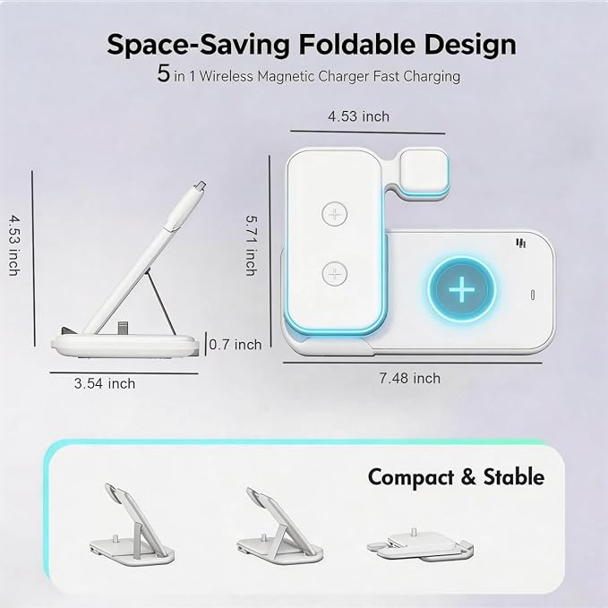 5 in 1 Wireless Charging Station for Multiple Devices, Premium Fast Charging Stand for Apple Samsung Android, Dual Phone Dock with USB Port for Desk Nightstand