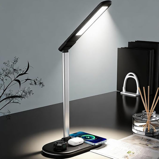 IHAO 3in1 Wireless Charging Eye-Care Desk Lamp 15W Fast Charging Station for Phone, Smartwatch & Earbuds, Touch Control Dimmable LED Light Adjustable Gooseneck, Modern Office Table Lamp-HYT2096 Black