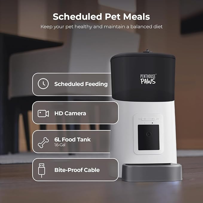 Penthouse Paws Smart HD Pet Feeder, 6L Dry Food Capacity, 1080p Camera, 2-Way Audio, Scheduled Meals, Backup Power, Easy to Clean, Anti-Jam Design for Cat & Dog, White/Stainless Steel