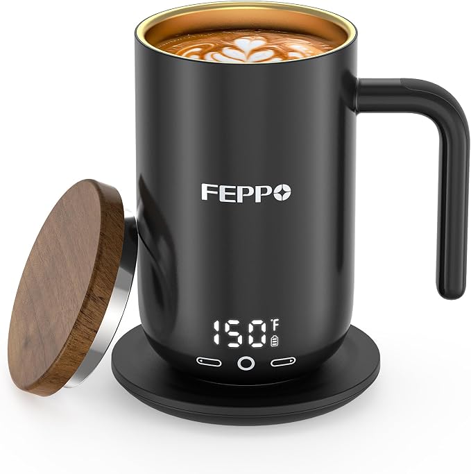 FEPPO Coffee Mug Warmer, 16oz Self-Heating Coffee Mug with 2600mAh Rechargeable Battery, Smart Temperature Control, Real-Time Digital Display, Titanium-Coated Interior, Gift for Women and Men