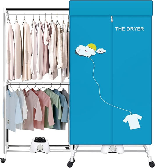 Portable Dryer, 110V 1000W Electric Clothes Dryer Machine, Double Layer Stackable, Stainless Steel, Blue, 15kg Capacity, Front Load, Ideal for Apartments, RV, Families, Campers