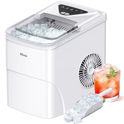 Silonn Ice Makers Countertop, 9 Cubes Ready in 6 Mins, Self-Cleaning Ice Machine with Ice Scoop and Basket, 26lbs in 24Hrs, 2 Sizes of Bullet Ice for Home Kitchen Office Bar Party, White