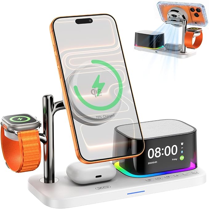 5in1 Charging Station for Apple Device【 25W Fast Charging+Instant Cooling 】QI2.2 Magnetic Wireless Charger with Speaker and Alarm,Built-in Fan&LED Light Compatible with MagSafe for iPhone/Watch/AirPod