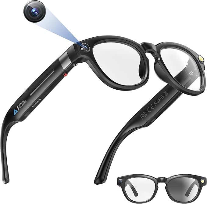AI Smart Glasses with 1080P HD Camera, AI Real-Time Translation, Bluetooth Audio – Smart Glasses with Camera, Hands-Free Video Recorder for Travel, Sports, Outdoor Use (Black)