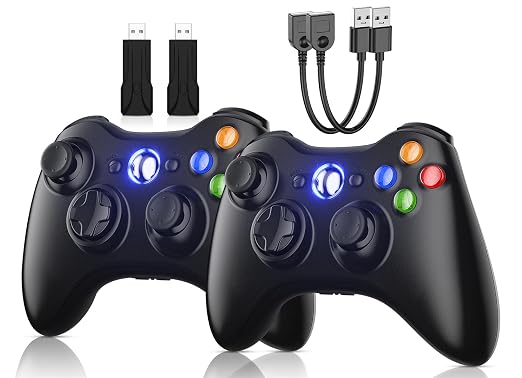 Gamrombo 2 Pack Replacement for Xbox 360 Controller, Compatible with 360 & Slim, Windows PC, Support Dual Shock, 2.5mm Audio Jack, with USB Extension Cable and USB Dongle [microsoft_xbox_360]