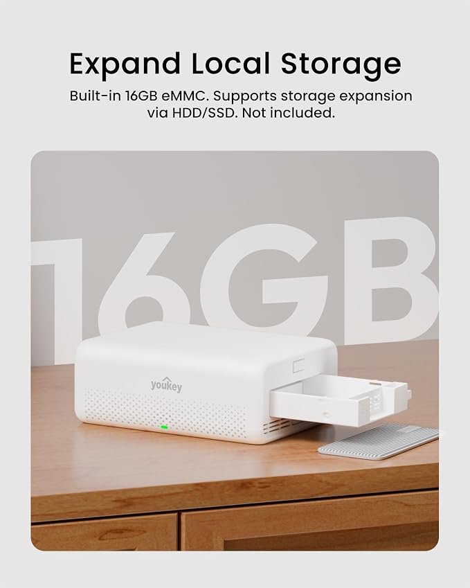 youkey Hub H310, No Monthly Fee, Surveillance Video Recording Hub with Advanced Encryption, AI Facial Recognition, Cross-Camera Tracking, 16GB Local Storage, 16TB Expandable, 2.4G WiFi/Ethernet