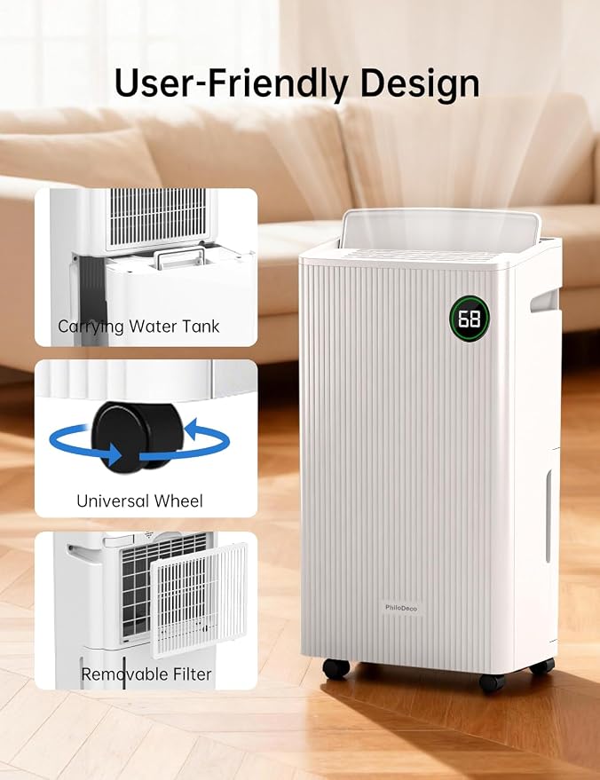 PHILODECO 4500 Sq.Ft Dehumidifier with Drain Hose Max 80 Pint, for Basement, Bathroom, Bedroom, Automatic Defrosting, Intelligent Humidity Control with 24HR Timer, Smart Quiet Dehumidifiers, White