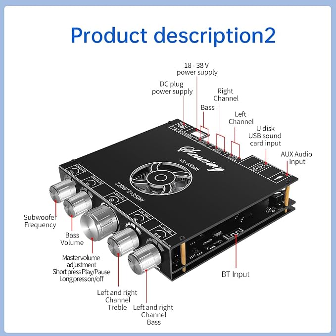 S350H 2.1 Channel Amplifier Board,220W+220W+350W Power Output, 5.1 Amplifier Board DC18-38V TPA3251 AMP Board BT/AUX/USB Input for DIY Wireless Speakers for DIY Wireless Speakers
