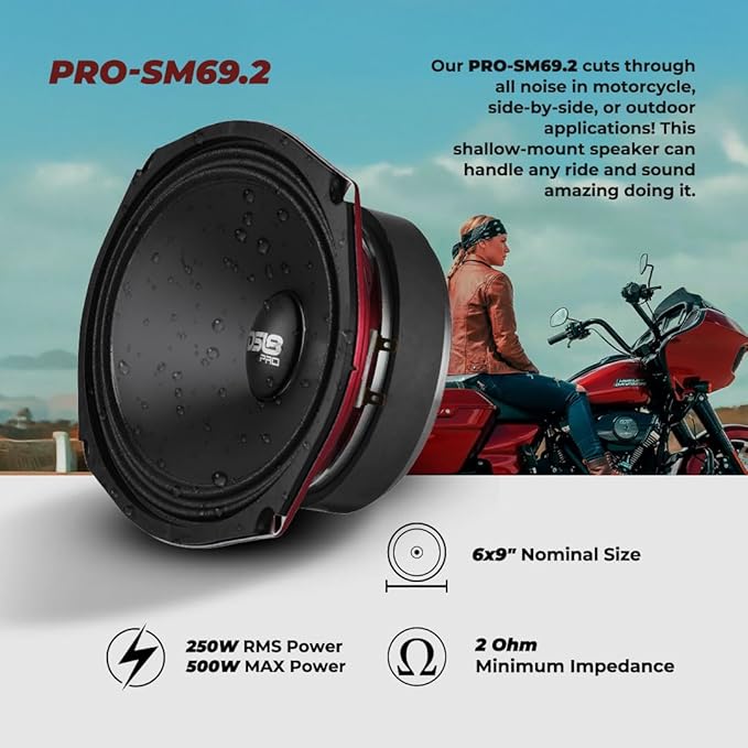 DS18 PRO-SM69.2 6x9 Shallow Water Resistant Cone Mid-Range Loudspeaker 500W Max Power, 250W RMS, 2 Ohms - Perfect for Motorcycle Applications (1 Speaker)