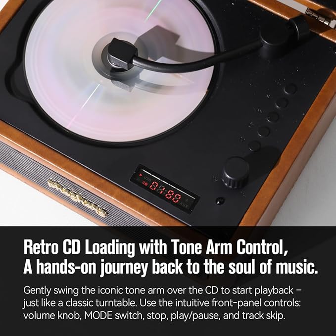 Retro Bluetooth CD Player Looks Like a Record Player, 3000mAh Rechargeable Battery for 3-4Hours Playback, CDplayer with Remote, USB/AUX, Dual Speakers