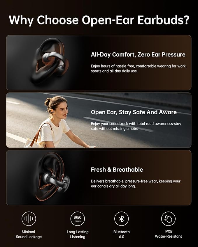 Open Ear Clip-On Earbuds, Wireless Bluetooth Lightweight Ear Buds, Comfortable Fit with Crystal Clear Sound, 50H Playtime, Water Resistant Clip Headphones for Running, Workout & Glasses Wearers