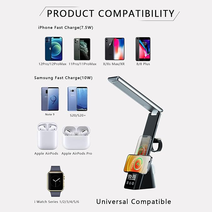 3-in-1 Foldable Wireless Charging Station with Digital Clock&Alarm,15W Fast Wireless Charger for Phone,Earbuds and Smartwatch,Qi Charging Dock with Bedside Lamp,3 Color Night Light,N61 Black.