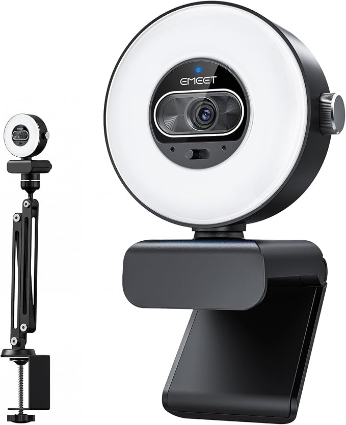 EMEET S600L 4K Webcam with Adjustable Desktop Overhead Stand, 4 Lighting Modes, Rainbow Effect, 1/2" Sensor, 0.2S PDAF, 2 Mics, Dial Control, 4K Webcam with Tripod for OBS/Twitch/YouTube/Zoom/PC/Mac