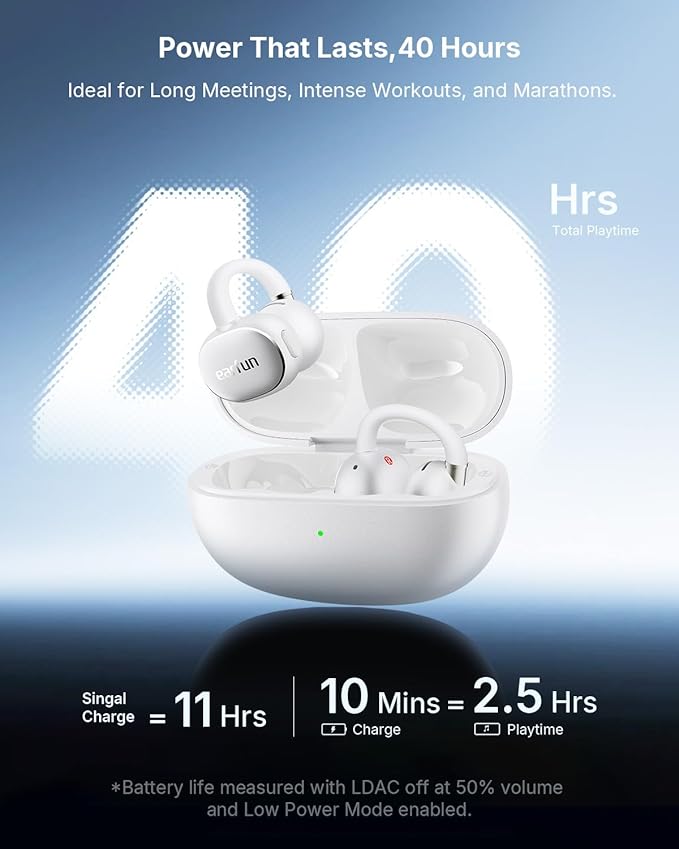 EarFun Clip 2 Open Ear Earbuds, Clip On Headphones, LDAC, Hi-Res Audio, 12mm Titanium Driver, 4 Mics AI Clear Call, AI Translation Earbuds, Secure Fit, 40H Playtime, Bluetooth 6.0 for Running, White