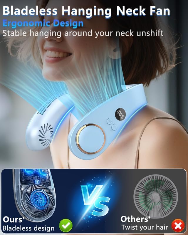 Portable Neck Fan Cooling Plate,Personal Fan Neck Hang Around,Powerful Airflow Shoulder Cooler,Fans To Wear Around Your Neck,Summer Menopause Fan Hot Flash Best Gifs for Outdoor Outside Indoor Blue