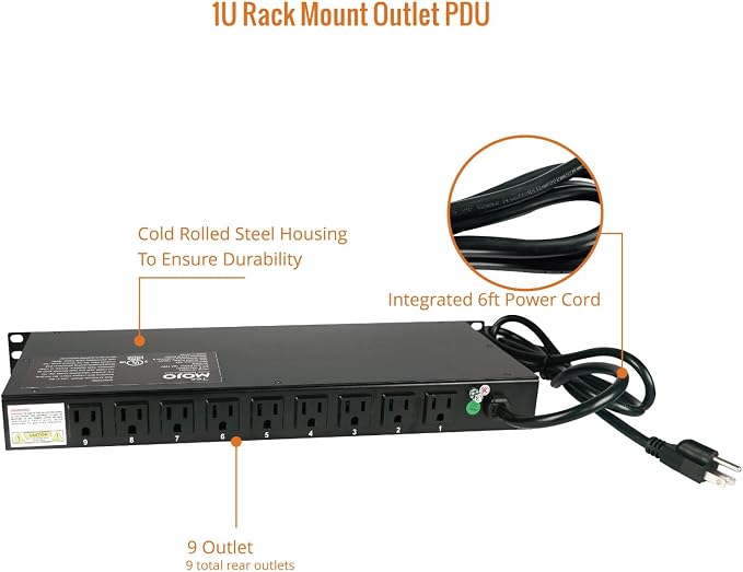 Tecmojo 9-Outlet Rack Mount Overloading Protection Circuit Breaker PDU, with Individual Switch 6ft Cord for IT and Network Racks and Cabinets
