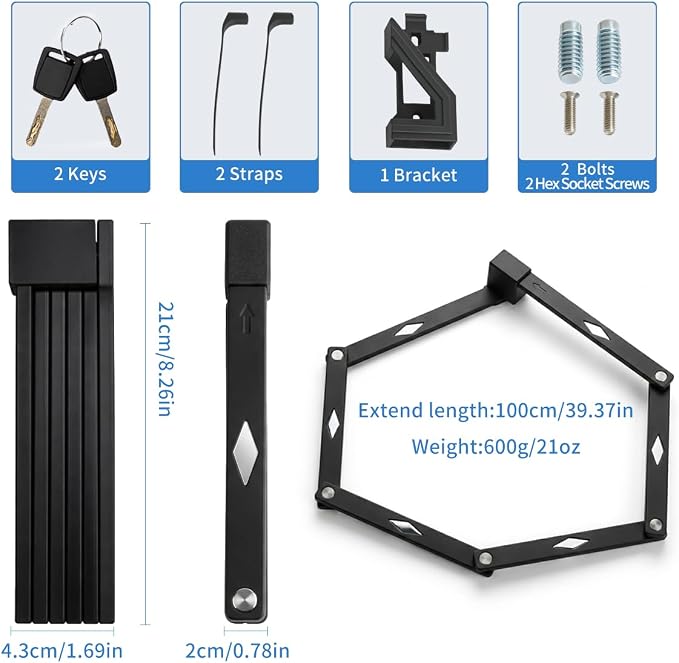 Folding Bike Chain Lock with Key for High Security, Heavy Duty Bicycle Lock with Solid Links for Bike, E-Bike, Scooter and Electric Scooter, Portable and Adjustable Design