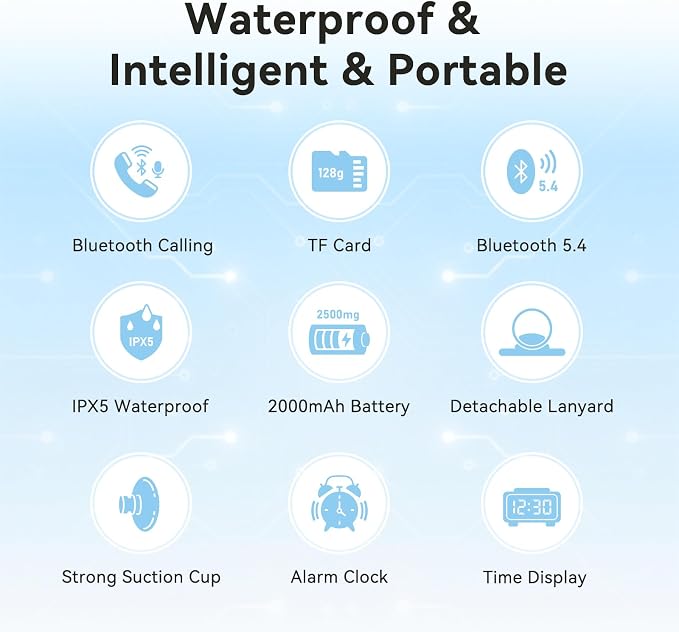 Shower Radio Speaker with Bluetooth 5.4, AGPTEK Waterproof Wireless Bathroom FM with Suction Cup 12H Long Playback Time, Lanyard, LCD Screen Display, Handsfree Calling, Storage Card Playback (Black)