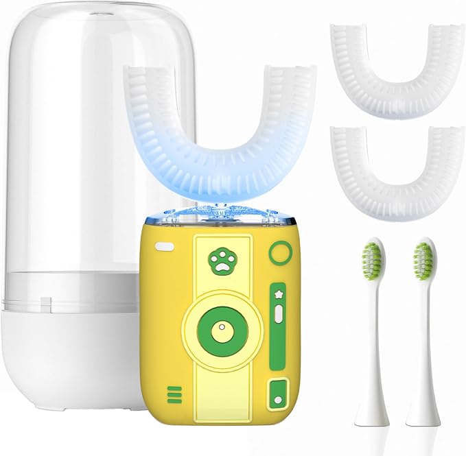 Adult Ultrasonic Electric Toothbrush, 360° Oral Cleaning for Stain & Whitening, IPX7 Waterproof Rechargeable, U-Shape Brush Head×3 + Straight Handle Brush Head×2 + Storage Cup