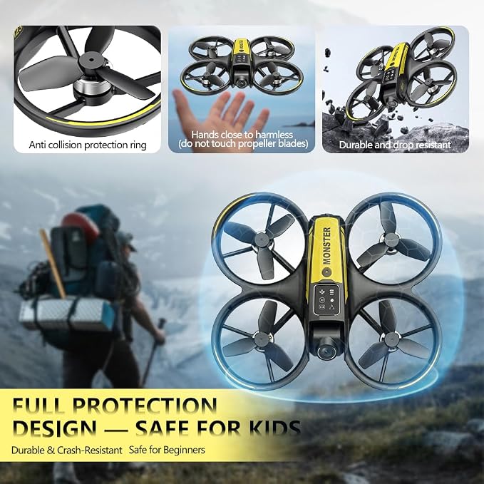 CloudWings Drone with camera for kids and Remote – Beginner RC Drone for Kids with Brushless Motor, Optical Flow Hover, One-Key Takeoff, FPV Video （black and yellow 1 Batteries)