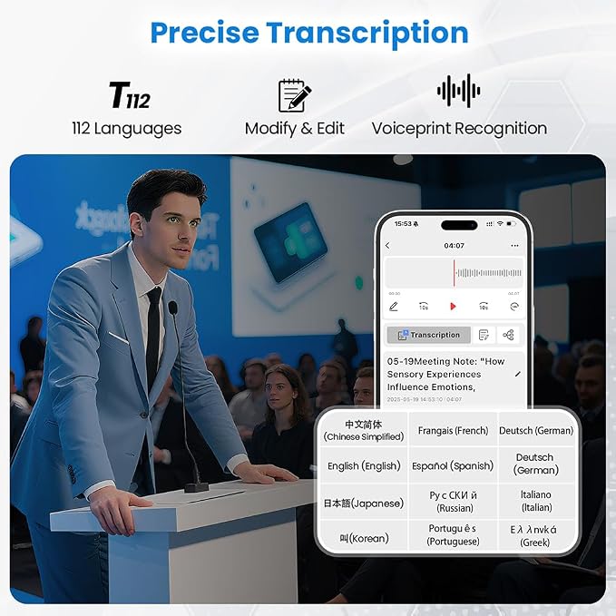 AI Voice Recorder, 64GB Audio Note Recorder with Transcribe&Summarize Free 1200 min of Transcription, App Control, Supports 112 Languages, Magnetic Case for Lectures Meetings Calls