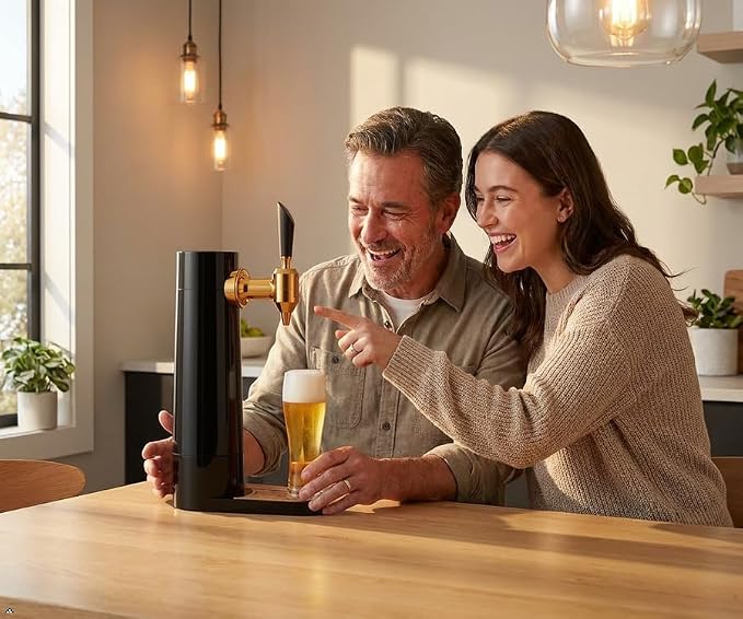 GREEN HOUSE: Draft Pour Beer Dispenser & Ultra Fine Foam Maker | Mini Kegerator for Home. Ultra Fine Foam covering as lid makes regular beer taste delicious and keep longer.