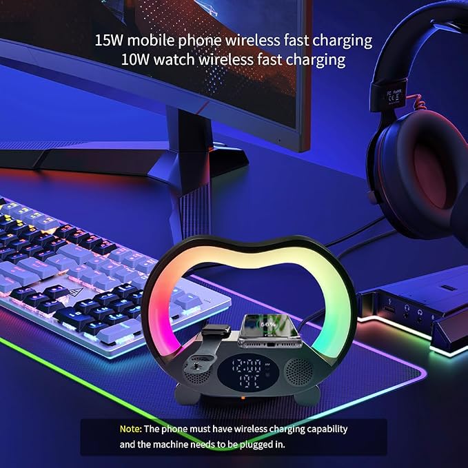 IHAO 6in1 Wireless Charging Station with Bluetooth Speaker Time&Temperature Display Alarm Clock 7-Color LED Night Lights Fast Charger for Phone, Apple Watch, Earbuds Remote Control Auto Shutoff-Black