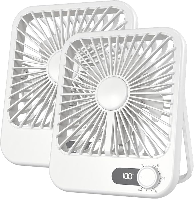 2 Pack Portable Travel Fan 5000mAh, 20 Hours Battery Life 6.8" Small Criuse Fan with 100 Speed,Digital Display, Rechargeable Battery Operated Quiet Personal Fan for Desk Office Bedroom Outdoor
