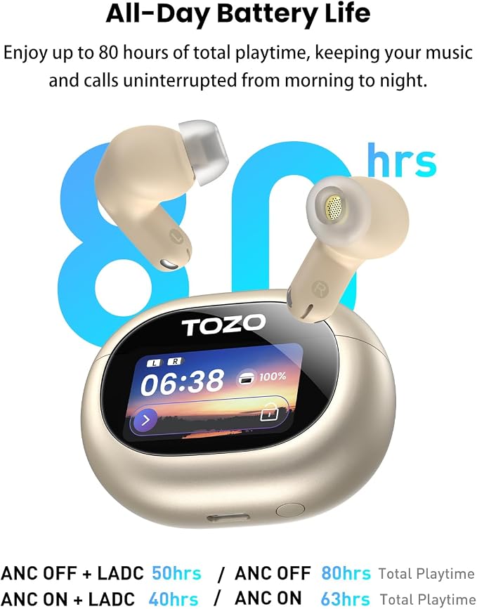 TOZO NC20 Pro Active Noise Cancelling Wireless Earbuds with Smart Touch Screen, LDAC Hi-Res Audio, Stereo Bass, 6 Mics AI Call Ear Buds, 80H Playtime, IPX8 Waterproof, 32 EQ via App, Wireless Charging