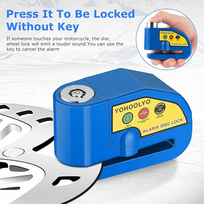 YOHOOLYO Alarm Disc Lock Motorcycle Disc Brake Lock Anti-Theft Waterproof 110 db 7mm Pin 5ft Reminder Cable for Motorcycles Bike Scooter Carry Pouch