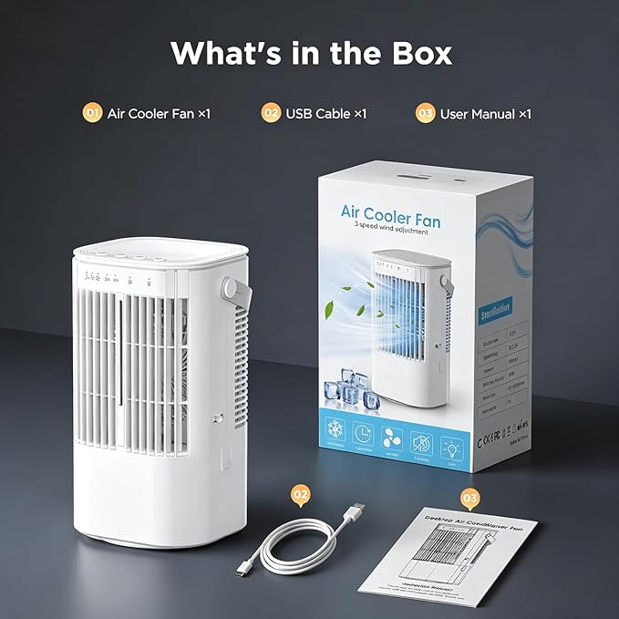Portable Air Conditioners 4-in-1 Mini Small Air Conditioner Evaporative Air Cooler Fan with 1000ml Water Tank 3 Speeds 7 LED Lights Personal Mini AC with Timer for Bedroom Desktop Home Office (White)
