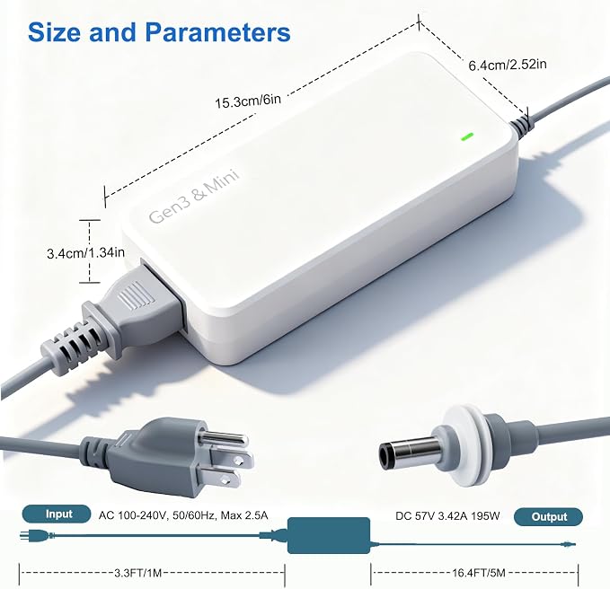 Starlink Gen 3 & Mini Replacement Power Supply - UL Listed 195W (57V 3.42A), Compatible Charging Adapter with 3.3ft 18AWG AC Cable and 1.65ft DC Cable