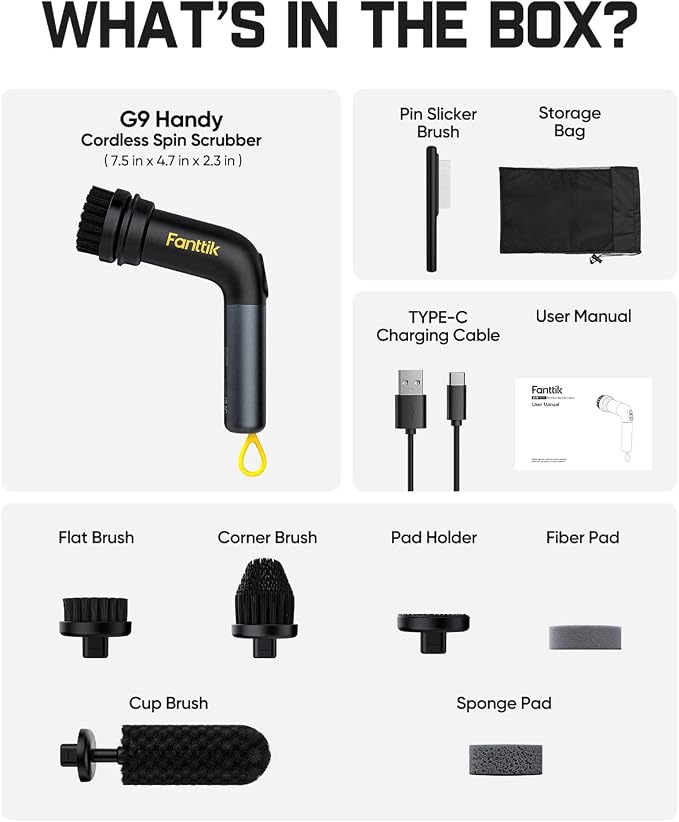 Fanttik G9 Handy Cordless Electric Spin Scrubber, MagnaStorm Motor, Dual-Speed, 5 Brush Heads, LED Display, IPX7 Waterproof, 2500mAh with Type-C Charging, for Kitchen, Sink, Tile, Stove