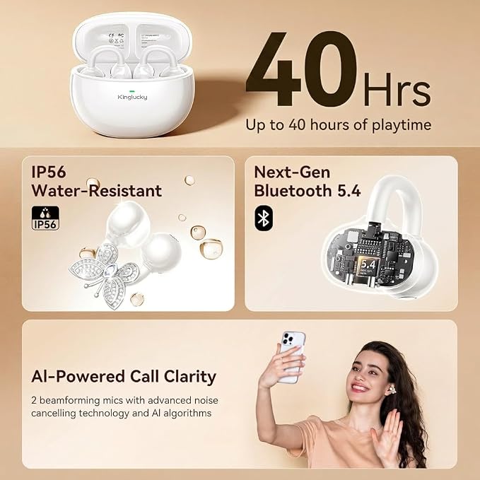 Kinglucky Jewelry-Inspired Clip-On Earbuds with Butterfly Earrings, Comfortable Fit & 40H Playtime Open Ear Bluetooth 5.4 Wireless Headphones for Women, Small Ears, Sports & Workouts (White)