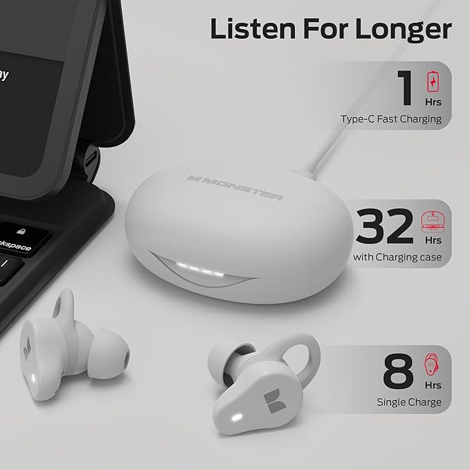 Monster N-Lite 210 Wireless Earbuds, Bluetooth 5.4 in-Ear Stereo Headphones, Built-in Mic for Crystal Clear Call, 32H Playtime, Type-C Charging, Waterproof in-Ear Ear Buds Earphones for Sports, White