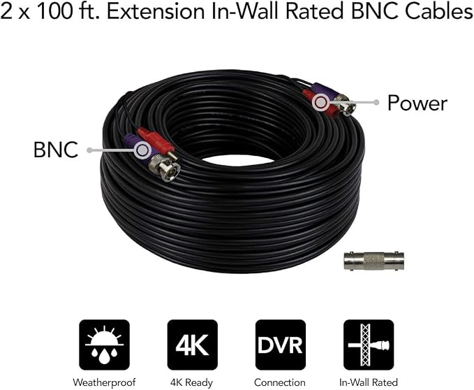 Night Owl 100 ft. in-Wall Rated Video/Power Camera Extension Cable with Extension Adapter (2-Pack)