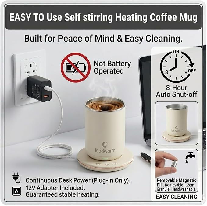 Self Heated Stirring Coffee Mug Set of 2, 10oz Cup with Warmer, BrownWhite | 3 temp settings, stainless steel interior, 8-hour auto shut-off, plug-in desk mug with Warmer gift set for office home