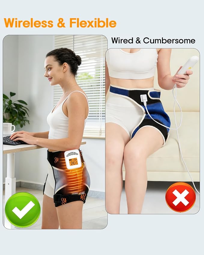 Cordless Hip Heating Pad for Sciatica Pain Relief - Rechargeable & Adjustable Size Hip Massager with 3-Level Vibration Massage, 104-140℉ Heated Hip Brace for Sciatica, Arthritis and Muscle Soothing