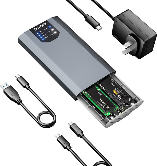 MAIWO Dual NVMe Clone SSD Enclosure, USB3.2 GEN2X2 10Gbps,Support AHCI to NVMe Clone, M.2 Duplicator Cloner for SSDs Sizes 2230/2242/2260/2280 with Indicator Light