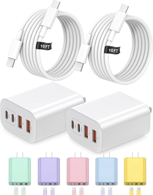 40W USB C Charger Block, iPhone 17 16 15 Charger Fast Charging,2-Pack 4-Port Fast Charging Block with 10FT Type C Cable Multiport Power Block for iPhone Air/iPhone17/16/15 Pro Max/iPad/Samsung